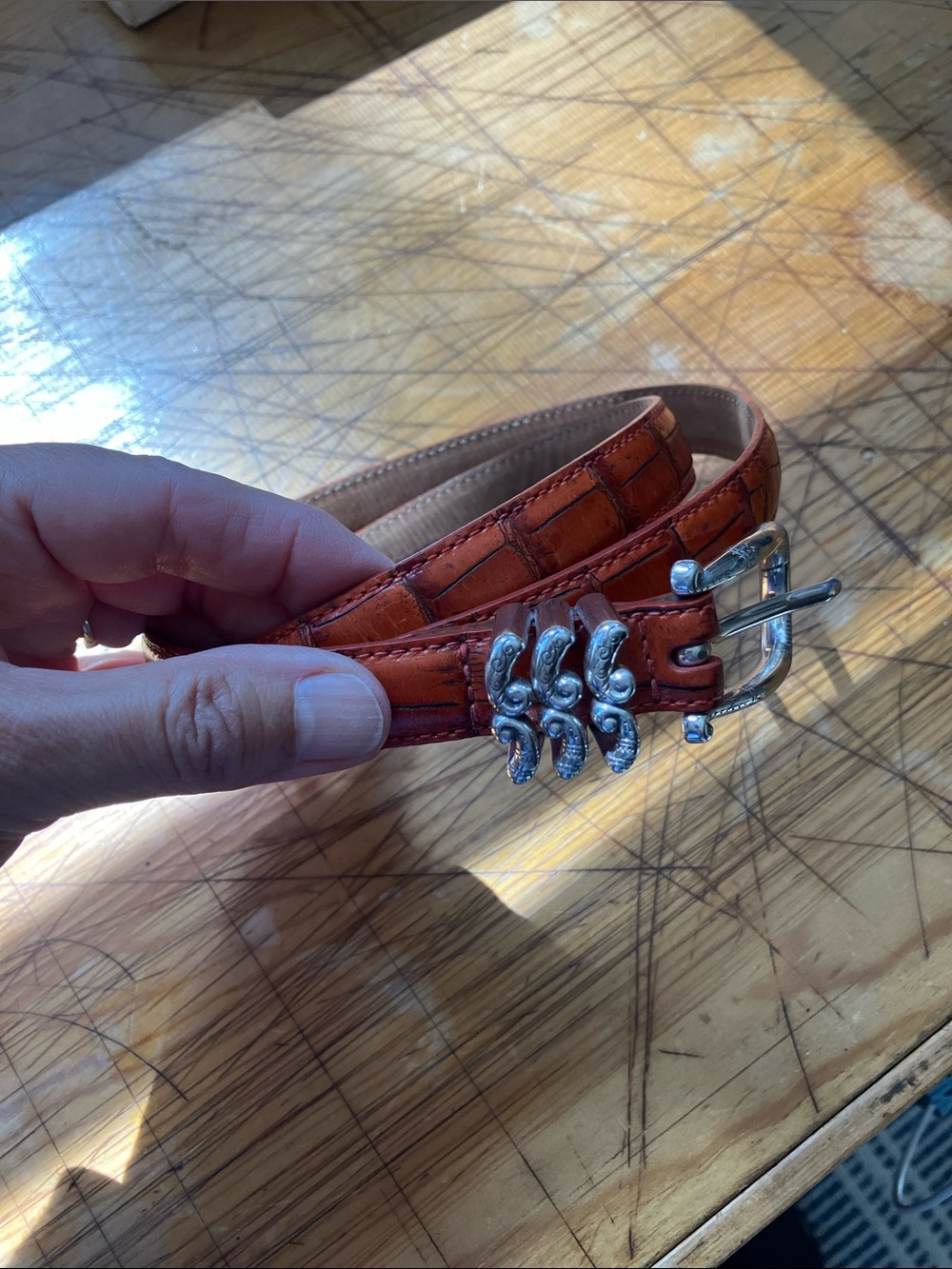 Brighton Orange Croc-Embossed Leather Belt with Decorative Silver Buckle